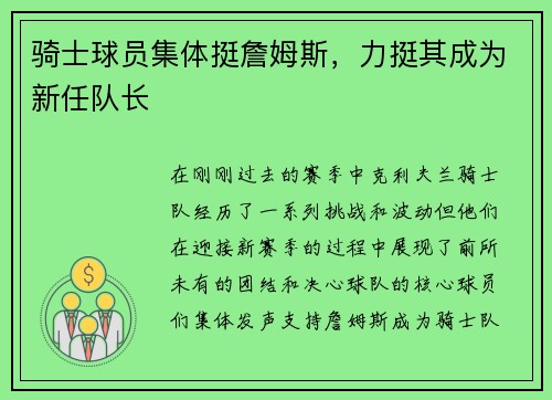 骑士球员集体挺詹姆斯，力挺其成为新任队长